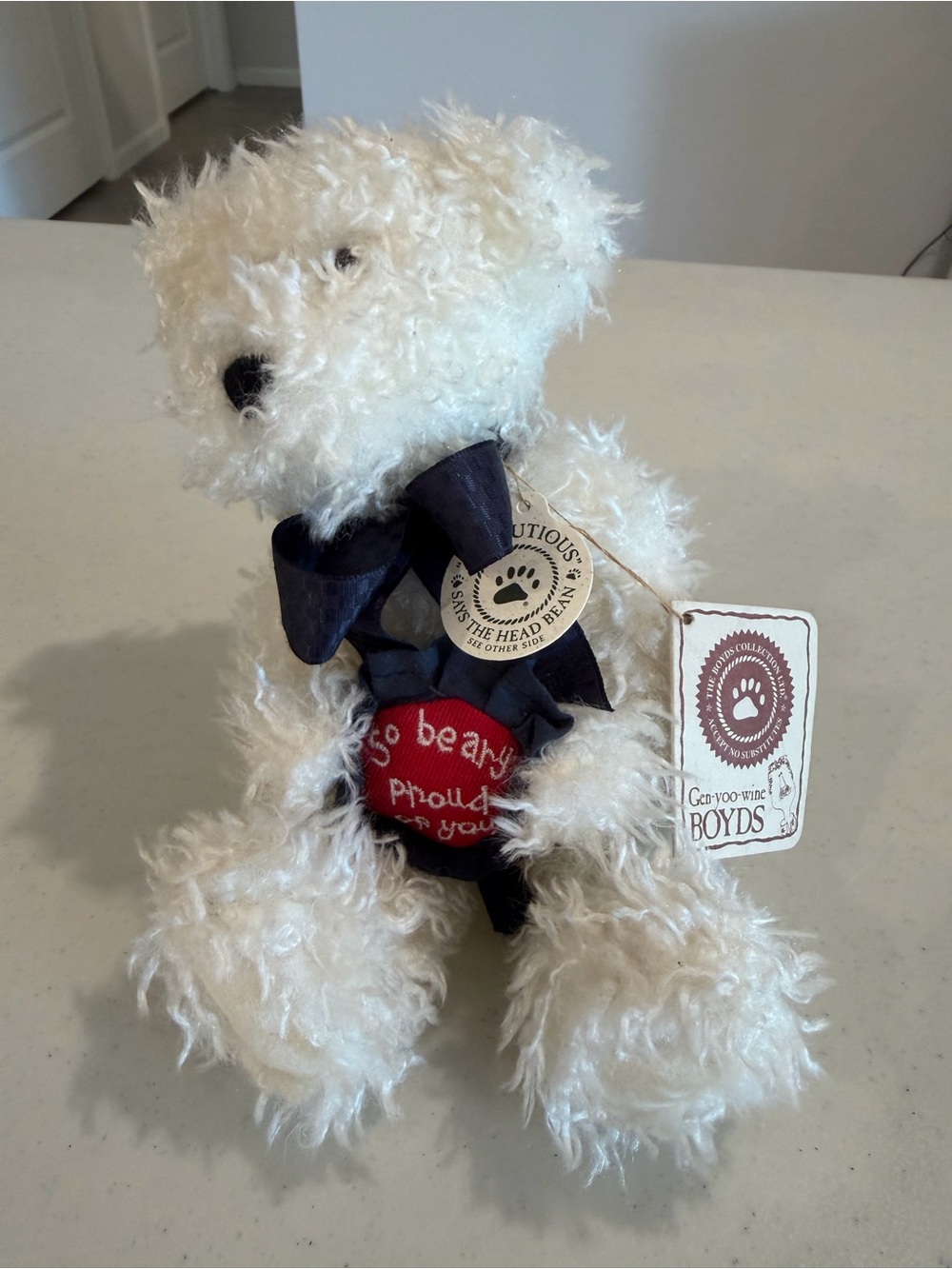 Boyds Bears Cream Plush Teddy with Navy Bow and Red Heart